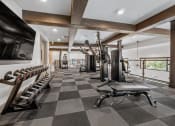 Thumbnail 29 of 35 - a gym with cardio equipment and weights on a checkered floor