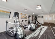 Thumbnail 37 of 46 - A gym with exercise equipment and a mirror on the wall.