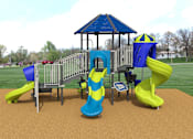 Thumbnail 3 of 4 - A playground with a blue and yellow slide, a yellow and blue slide, and a blue and yellow tower.