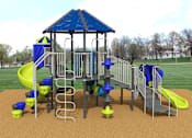 Thumbnail 4 of 4 - A playground with a blue roof and yellow slides.