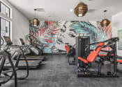 Thumbnail 42 of 50 - a gym with cardio machines and a mural of a woman on the wall