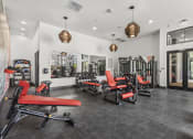 Thumbnail 41 of 50 - a gym with red chairs and dumbbells and a glass door