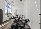 Thumbnail 45 of 50 - a group of exercise bikes in a room with a wall of windows