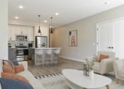 Thumbnail 71 of 76 - a rendering of a kitchen with white cabinets and a geometric wallpaper at The Lodge at Overland, Rochester, MN
