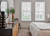 Thumbnail 14 of 42 - a bedroom with a bed and a desk and three windows  at The View on Collins, Lansing, Michigan