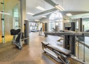 Thumbnail 35 of 43 - a gym with cardio equipment and weights at Riverset Apartments in Mud Island, Memphis, TN
