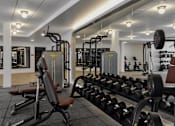 Thumbnail 50 of 83 - A gym with a bench, weights, and mirrors.