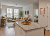 Thumbnail 3 of 42 - an open living room and kitchen with a granite counter top at The View on Collins, Lansing, Michigan