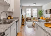 Thumbnail 4 of 42 - an open kitchen and living room with a sink and counter top at The View on Collins, Lansing, MI