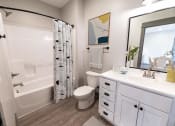 Thumbnail 64 of 79 - a bathroom with a shower toilet and sink and a mirror at The Commons at Rivertown, MI