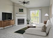 Thumbnail 11 of 43 - A living room with a white couch and a fireplace.