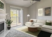 Thumbnail 12 of 43 - A living room with a white couch and a fireplace.