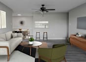 Thumbnail 5 of 43 - A living room with a couch, chair, and a table with a plant on it.