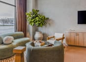 Thumbnail 66 of 83 - A living room with a green couch, a green armchair, a coffee table, a potted plant, and a TV.