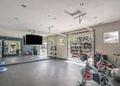 Thumbnail 5 of 19 - A spacious gym with a television, exercise equipment, and a view of the outdoors.