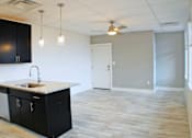 Thumbnail 3 of 5 - A kitchen with black cabinets and a sink.