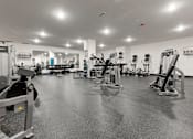 Thumbnail 17 of 21 - A black and white image of a gym with various exercise equipment.