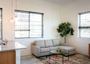 Thumbnail 5 of 22 - A living room with a couch, a table, and a plant.