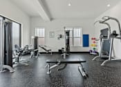 Thumbnail 5 of 8 - A gym with a variety of equipment including a treadmill, weights, and a bench press.