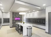 Thumbnail 28 of 29 - a view of the wine room with a long white table and black stools at Parc at Princeton Junction Apartments, Princeton, NJ, 08540