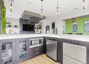 Thumbnail 8 of 35 - a kitchen with gray cabinets and green walls