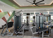 Thumbnail 18 of 46 - a gym with treadmills and other exercise equipment in a hotel room at Artesia at Lakewood Ranch Apartments, Florida 34211