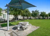 Thumbnail 38 of 43 - a picnic table with an umbrella on the grass at Sienna at South Mountain Apartments, Laveen