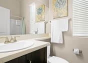 Thumbnail 15 of 33 - a bathroom with a sink and a mirror and a toilet at Olive Queen Creek Apartments, Arizona, 85142