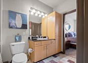 Thumbnail 12 of 34 - a bathroom with a toilet and a sink and a mirror at The Millennium Towne Center Apartments, Baton Rouge, Louisiana