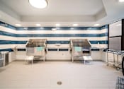 Thumbnail 24 of 34 - a pet spa with two stainless steel sinks and a blue and white striped wall at Magnolia Square, Naples, Florida