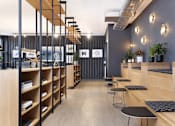 Thumbnail 11 of 19 - A modern interior with wooden shelves and black and white decor.