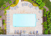 Thumbnail 15 of 40 - An aerial view of a swimming pool surrounded by sun loungers and trees.