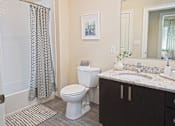 Thumbnail 15 of 35 - A bathroom with a toilet, sink, and shower curtain at Axis at Lakeshore Apartments, Bridgewater, MA 02324