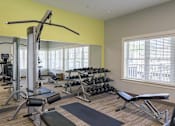 Thumbnail 28 of 35 - A gym with a variety of equipment including weights and a bench at Axis at Lakeshore Apartments, Massachusetts