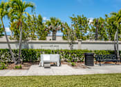 Thumbnail 20 of 28 - A white bench sits in a park with palm trees and a trash can.