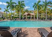 Thumbnail 5 of 28 - A pool surrounded by palm trees and lounge chairs.