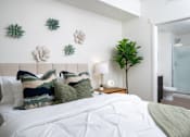 Thumbnail 70 of 85 - A bedroom with a bed, pillows, a nightstand, and a plant.