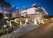 Thumbnail 2 of 85 - A modern building with a curved entrance and palm trees in front.
