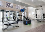 Thumbnail 17 of 72 - A gym with a variety of equipment including a weight bench, a treadmill, and a squat rack.