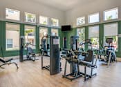 Thumbnail 11 of 29 - A gym with a variety of equipment including treadmills, weights, and exercise machines.