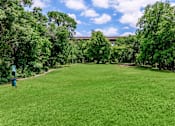 Thumbnail 4 of 42 - a large grass field with trees and a building in the background