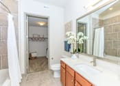 Thumbnail 7 of 28 - a bathroom with a sink and a mirror and a toilet