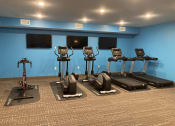 Thumbnail 12 of 24 - a row of exercise bikes in a gym with televisions