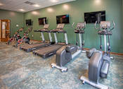 Thumbnail 20 of 37 - A gym with treadmills and exercise bikes.