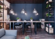 Thumbnail 18 of 29 - a dining room with a long wooden table and chairs and a blue wall
