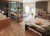 Thumbnail 10 of 29 - a living room with a fireplace and a dining room
