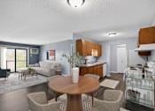 Thumbnail 13 of 32 - A modern living room with a dining table and chairs.