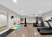 Thumbnail 17 of 46 - A gym with a treadmill, exercise balls, and a yoga mat.