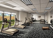 Thumbnail 15 of 15 - A gym with treadmills, elliptical machines, and other exercise equipment.