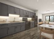 Thumbnail 4 of 15 - A modern kitchen with dark wood cabinets and a white countertop.